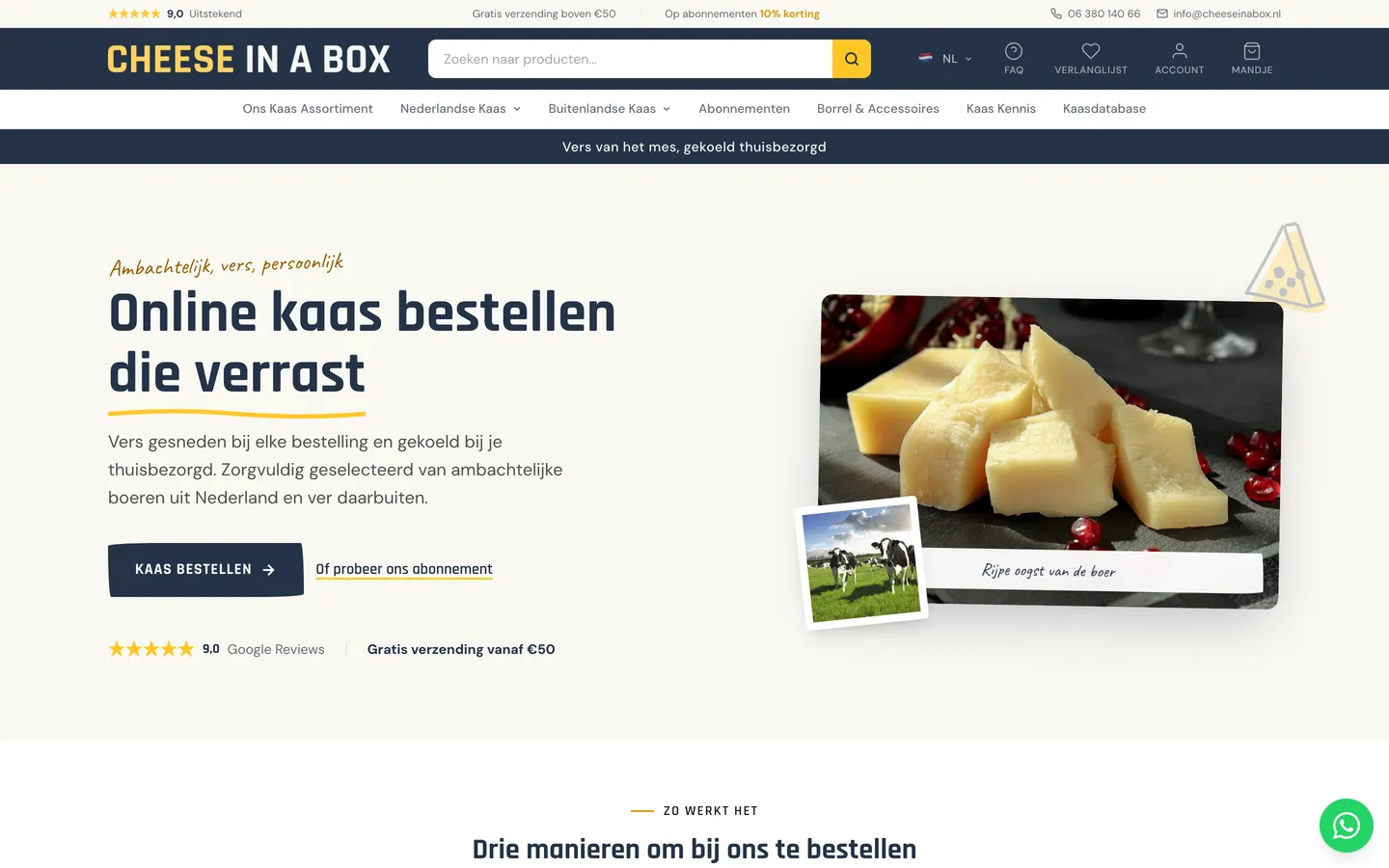 Homepage van de headless webshop van Cheese In A Box