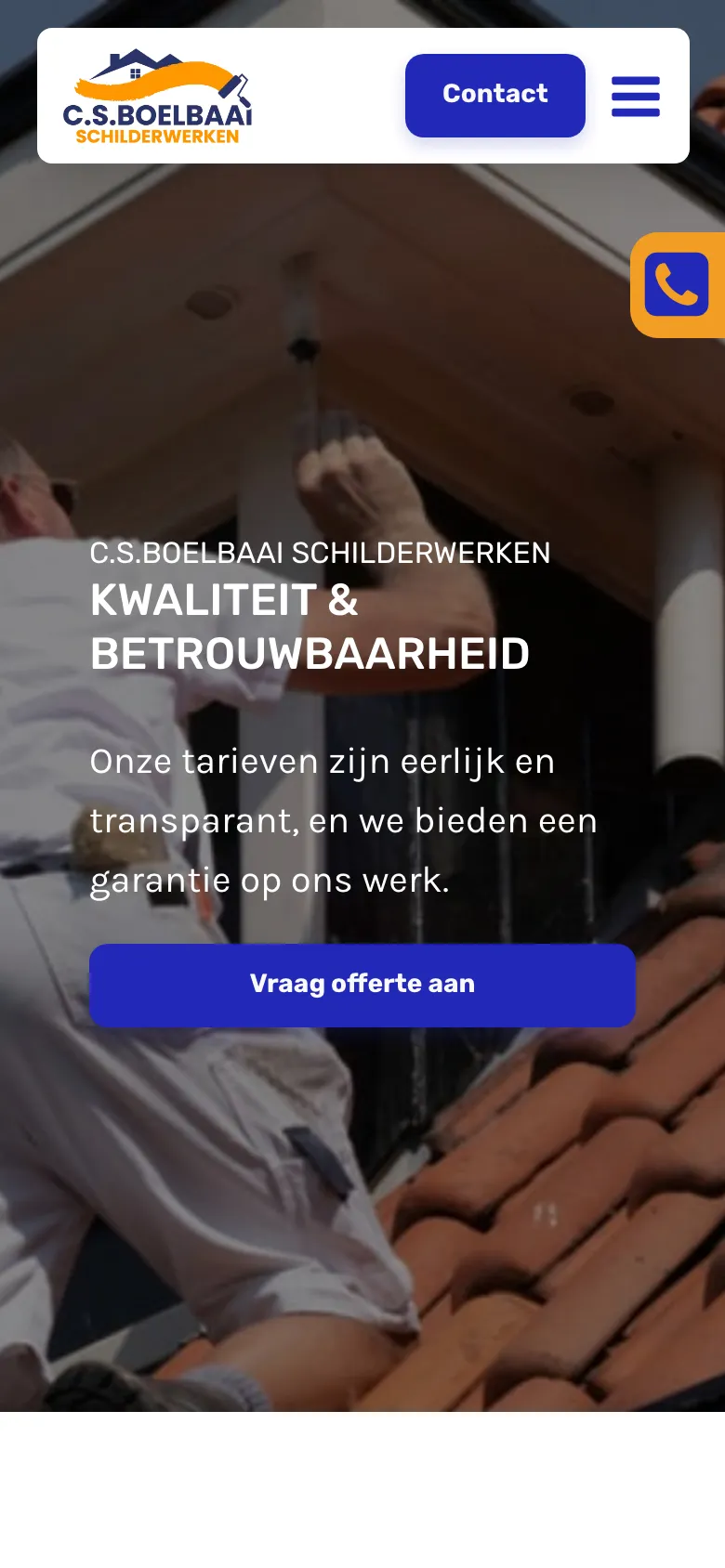 Dezelfde homepage op een telefoon, met de offerteknop en een vaste belknop in beeld