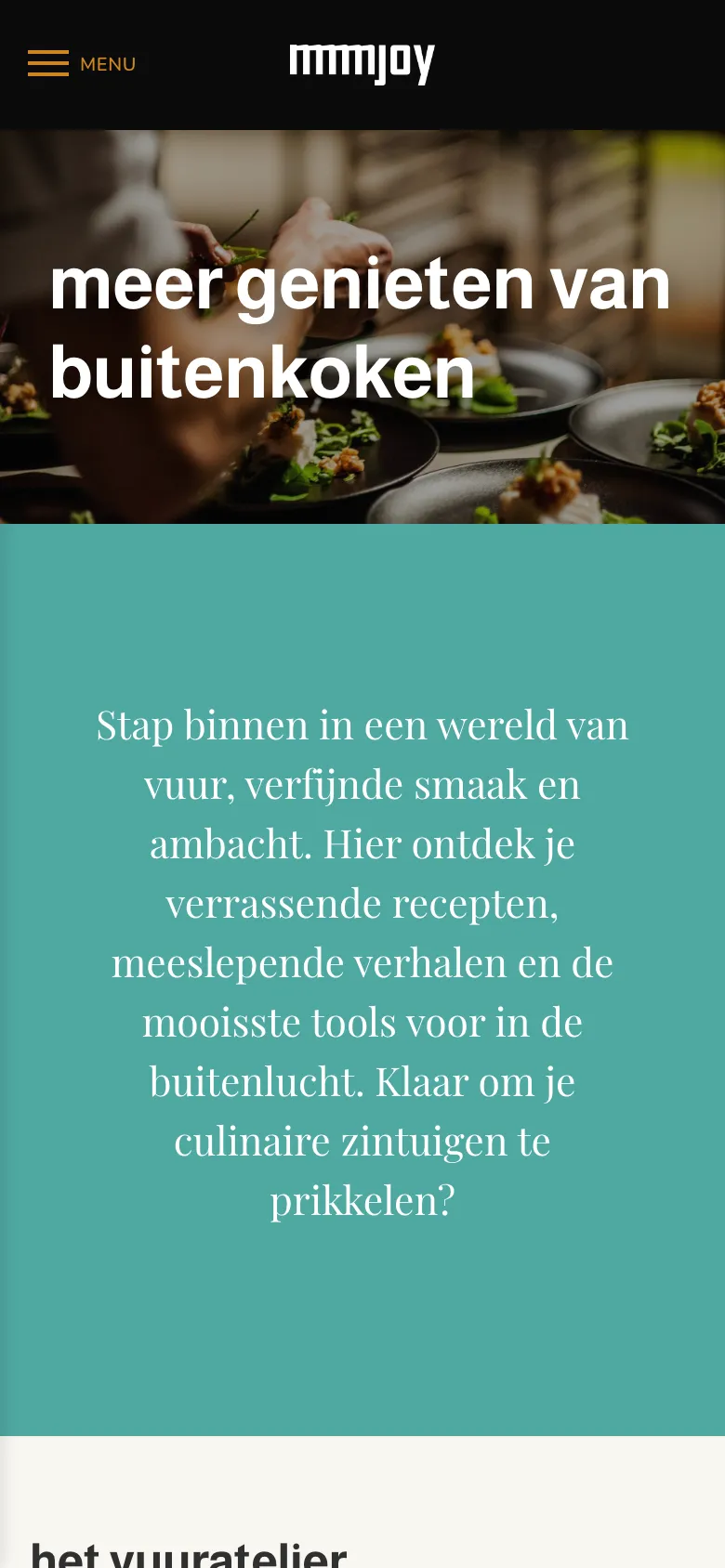 Dezelfde homepage op een telefoon, met de introductie over vuur, smaak en ambacht